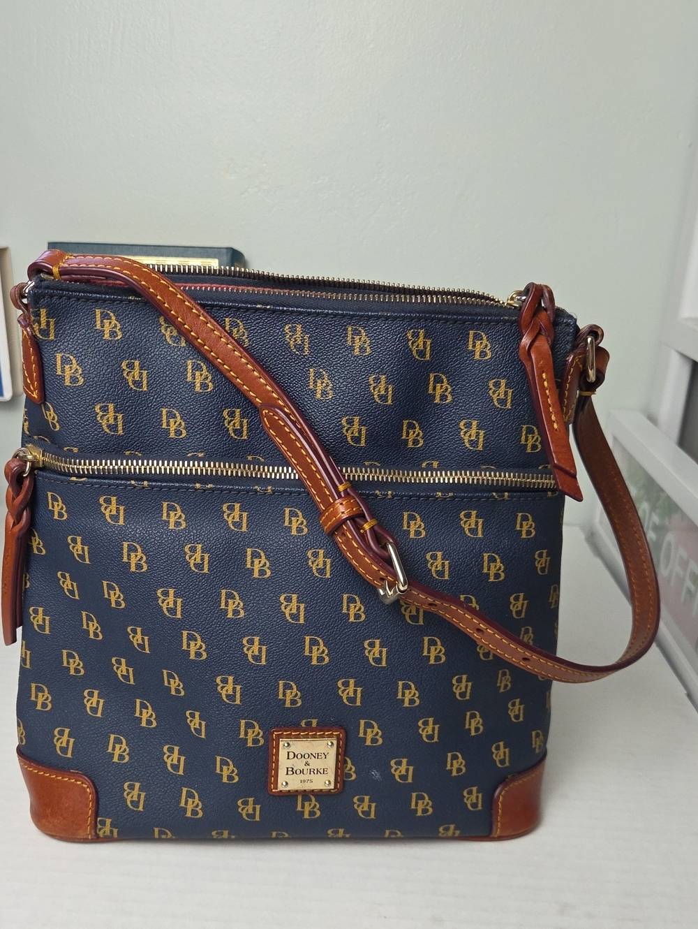 Dooney & Bourke Navy and Brown Logo Messenger Bag